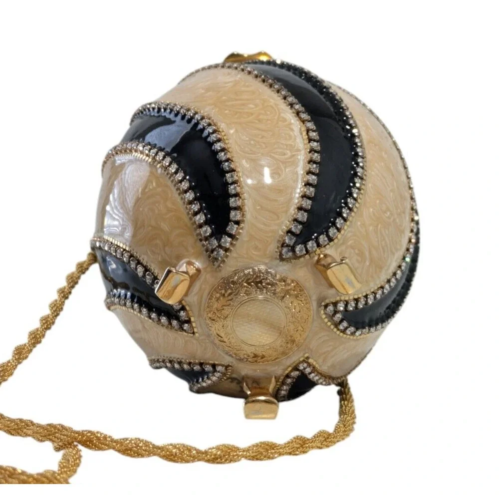 Vivian Alexander Black Gold Striped Enamel Crystal Bead Rhea Duchess II Egg Bag